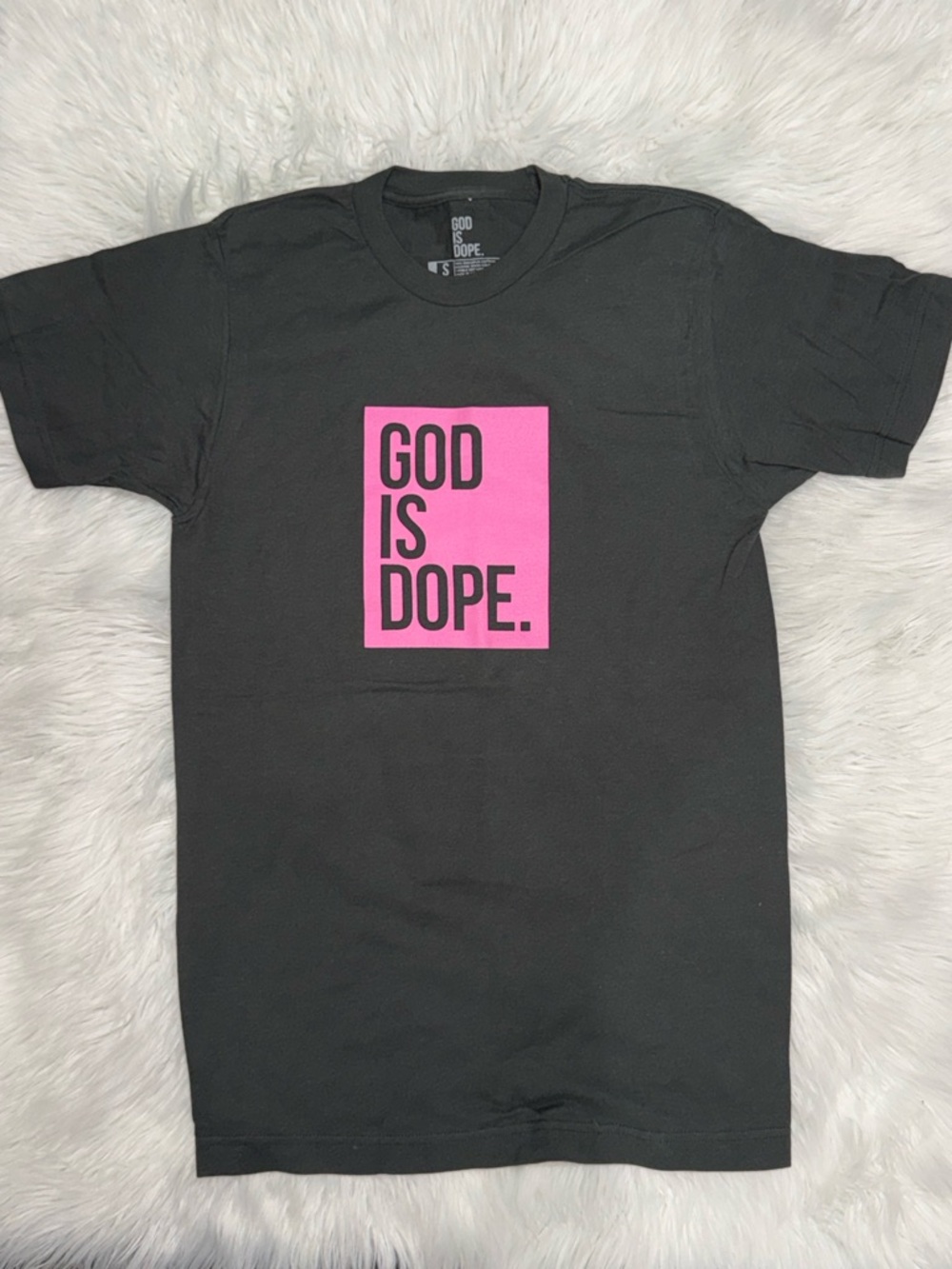GOD IS DOPE. Grey Tee with Pink Logo